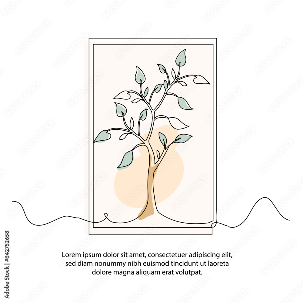 Poster one line tree poster drawing with frame. abstract minimal continuous line wall decor.