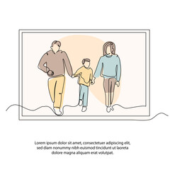 One line happy family portrait poster drawing with frame. Abstract minimal continuous line wall decor.