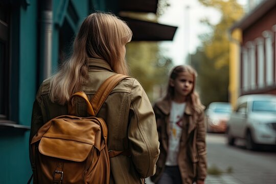 two women walking down the street, one is carrying a backpack and the other is wearing a tan colored coat
