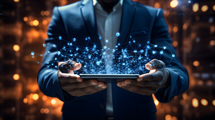 A businessman holding a tablet with a digital network rising above it. A concept of business technology. Generative ai. 
