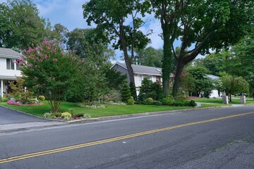 Suburban residential street with two story houses with front gardens