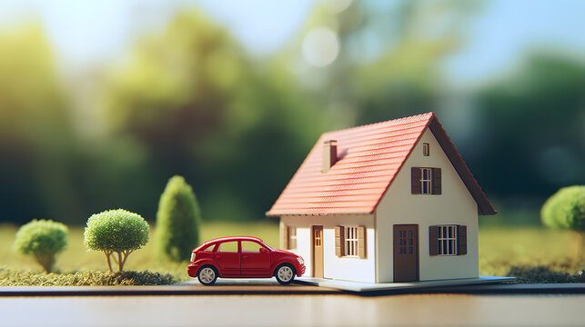 there is a small toy car parked in front of a small house Generative AI