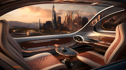 arafed view of a futuristic city from inside a car Generative AI