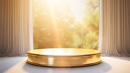 Modern and luxury gold colored round pedestal in sunlight from window with white curtain in background for product display.