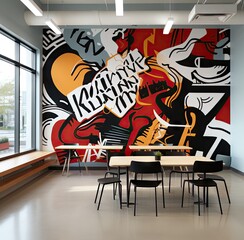 an office with large murals on the walls and tables in front of it, there is a wall mural that says
