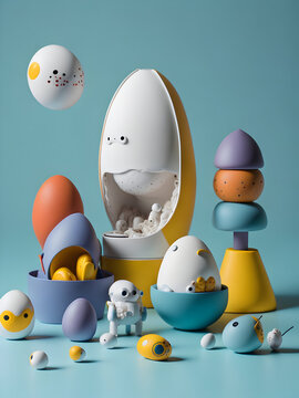 Naklejki A Egg funy Toys for children with diorama, set against a minimalist studio background. Blur Soft Background. Generative AI
