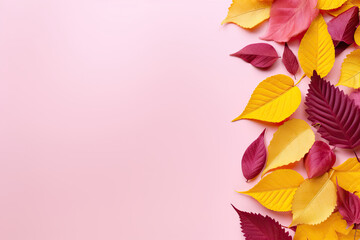 Colorful autumn leaves isolated on pink copy space