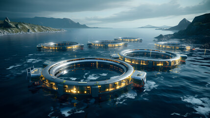 there are many floating fish cages in the water with lights on Generative AI