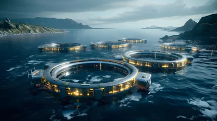 Foto op Canvas there are many floating fish cages in the water with lights on Generative AI © vinod
