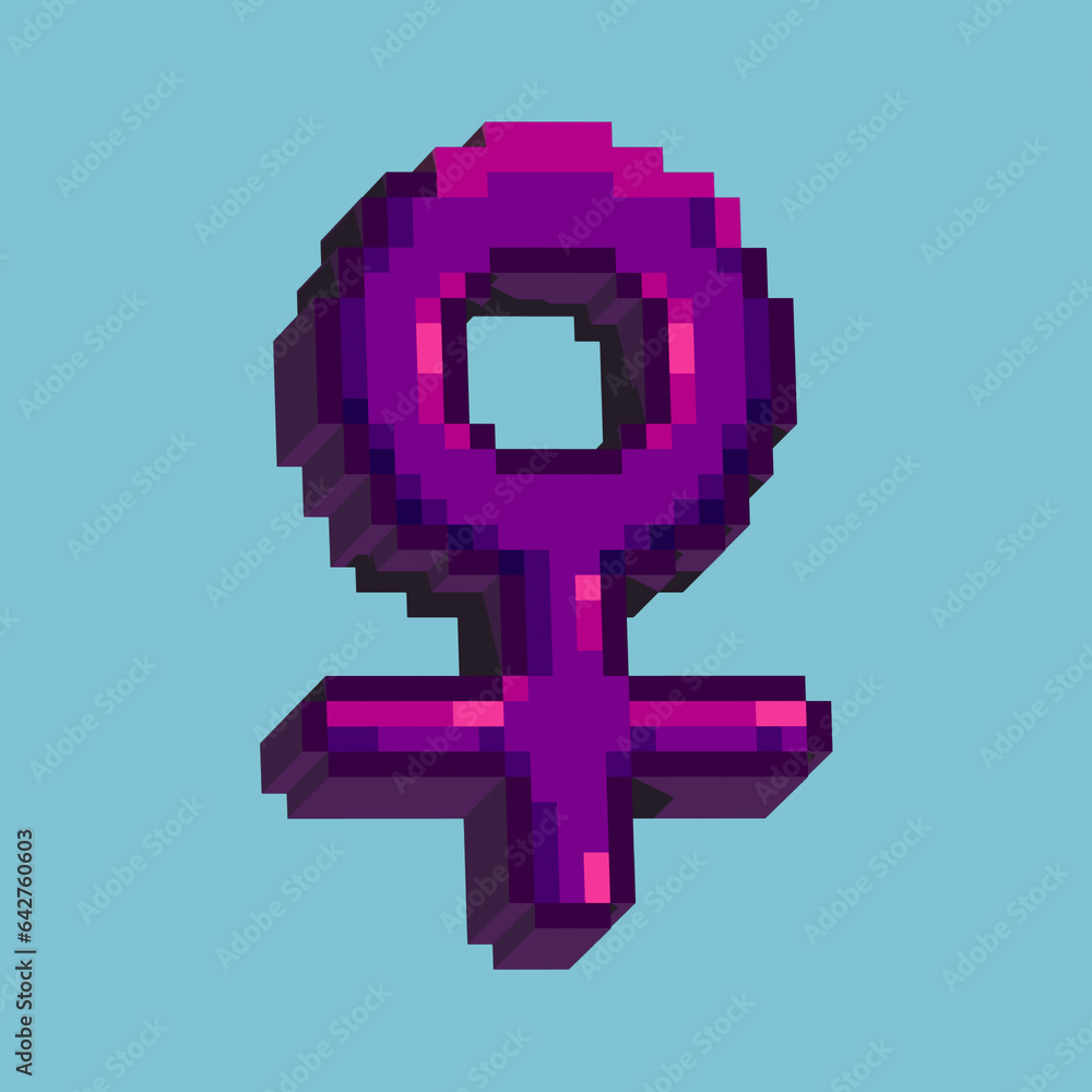 Poster isometric asset from pixel art square 3d of female sign for items asset. 3d girl sign on pixelated s