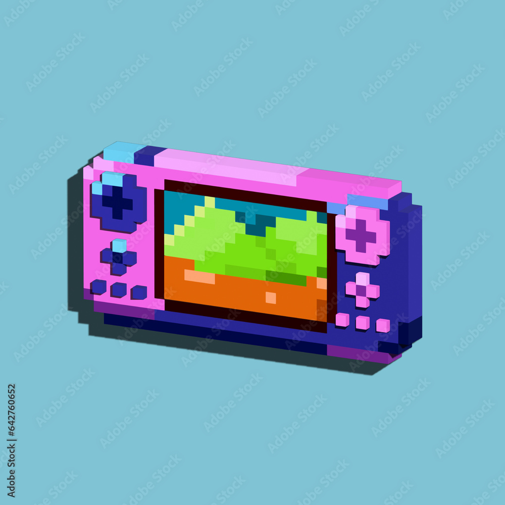 Poster isometric asset from pixel art square 3d of purple blue console for items asset. isomeric game on pi