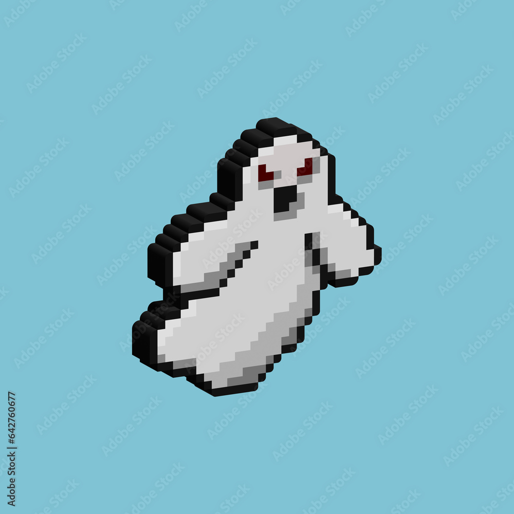 Poster isometric asset from pixel art square 3d of ghost halloween for items asset. isomeric ghost on pixel