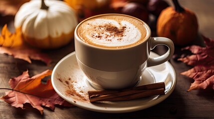 a cup of pumpkin spice latte on a wooden table with fall leaves and mini pumpkins in the background