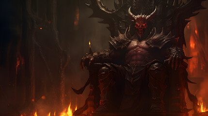 demonic looking man sitting on a throne in a dark forest Generative AI