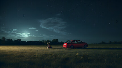 Fototapeta na wymiar there is a red car parked in a field at night Generative AI