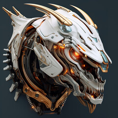 A dragon head that is a futuristic machine of the future world. Mythical creatures. Illustration, Generative AI.