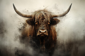 Image of a highlander cow in the forest with a scary atmosphere, Wildlife Animals., Generative AI, Illustration.