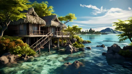 Fotobehang Bora Bora, Frans Polynesië Bora Bora island with clear water and luxurious overwater bungalows