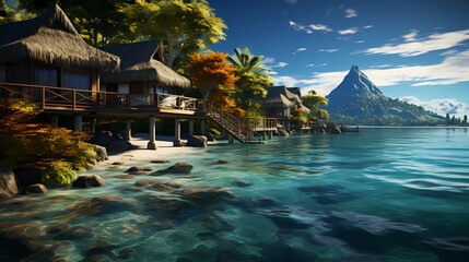 Bora Bora island with clear water and luxurious overwater bungalows - obrazy, fototapety, plakaty