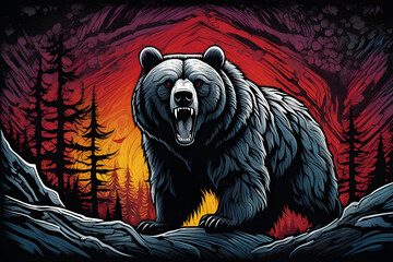 beautiful detailed colored linocut art style of a giant grizzly bear staring seriously at you - obrazy, fototapety, plakaty