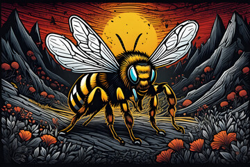 beautiful detailed colored linocut art style of a giant bee standing flying on beautiful mountain landscape