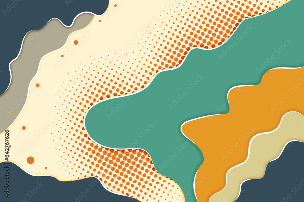Aufkleber bold colors comic background with wave element and dot circle halftone. papercut style with shadow. 
