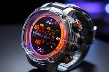 a digital watch on a black surface with blue and purple lights in the background photo is taken from behind it - obrazy, fototapety, plakaty