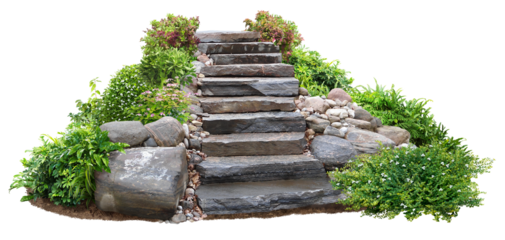 Cut out stairs made of large stone steps. Staircase lined with green plants for landscaping or garden design. Rock steps isolated on transparent background