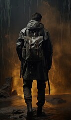 a man walking in the rain with a backpack on his back and an orange flame coming from behind him as he walks away