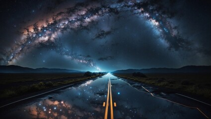 time lapse clouds over the highway at night with starrry view - obrazy, fototapety, plakaty