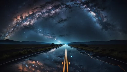 Fotobehang time lapse clouds over the highway at night with starrry view © Love Mohammad