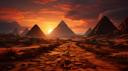 View of the Pyramids of Giza in Cairo with sunset