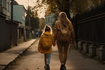 a mother and her daughter walking down the street holding hands, both carrying their child's school backpacks