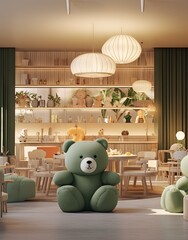 a green teddy bear sitting in the middle of a room with white chairs and wooden shelves on the wall behind it
