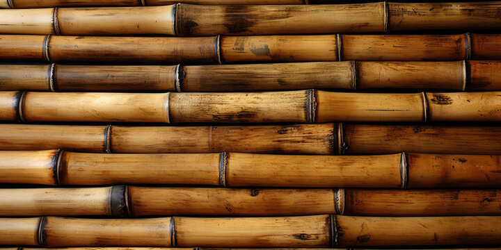Close-up of horizontal bamboo trunks as a background