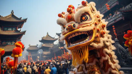 Chinese lion dance, Lunar new year celebration, colorful lion costumes performing the traditional Lion Dance during Chinese New Year. Generative AI - obrazy, fototapety, plakaty