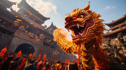 Chinese lion dance, Lunar new year celebration, colorful lion costumes performing the traditional Lion Dance during Chinese New Year. Generative AI