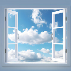 An open window with blue sky and clouds in the background. A concept of freedom and new beginnings. Generative ai. 