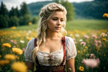 Naklejka na ściany i meble Beautiful young blond woman in bavarian dirndl standing on flower meadow closeup