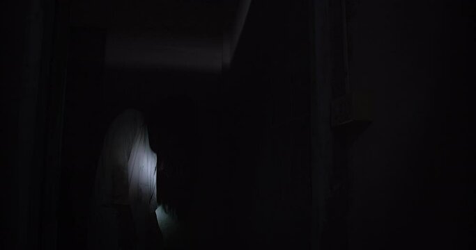 Horror scene of a mysterious Scary Asian ghost woman creepy have hair covering the face looking to camera with flashlight in restroom and dark scene movie at night, holiday Halloween ghost concept
