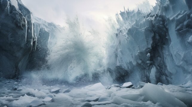an image of a glacier calving into the sea, with dramatic chunks of ice breaking away and crashing into the water