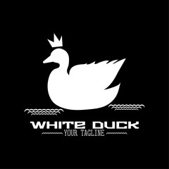 Obraz premium White duck in a crown with waves logo with text on black background