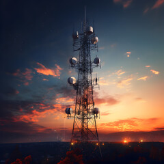 Telecommunications tower with antennas. A cell phone and communications tower. Represents communication and technology. Generative ai. 