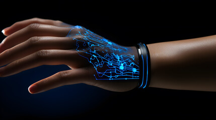 someone is holding a wrist with a glowing wrist band Generative AI