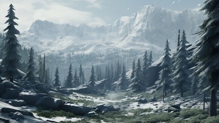 image of a mountain valley in the midst of a gentle snowfall, with the trees and rocks covered in a pristine white blanket