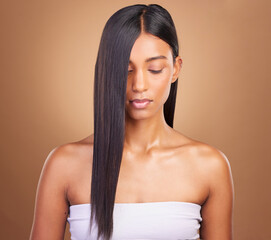 Beauty, hair and keratin with face of woman in studio for cosmetics, salon treatment and texture....