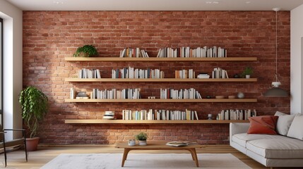 Modern bookshelf placed in Scandinavian style living room, bricks wall