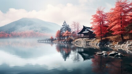 Vibrant Fall Season and Misty Mountains with Red Leaves by the Lake