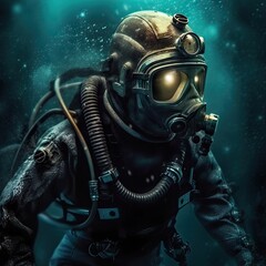 a diver wearing a diving suit and goggles in the deep blue water underwater photography, underwater photos, underwater images, underwater pictures