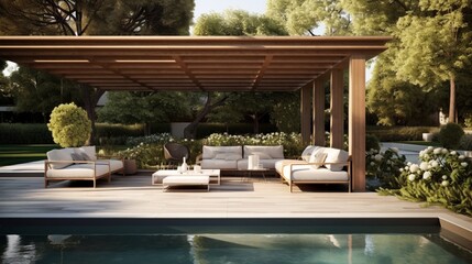 A chic outdoor patio featuring a refreshing pool. Contemporary dwelling